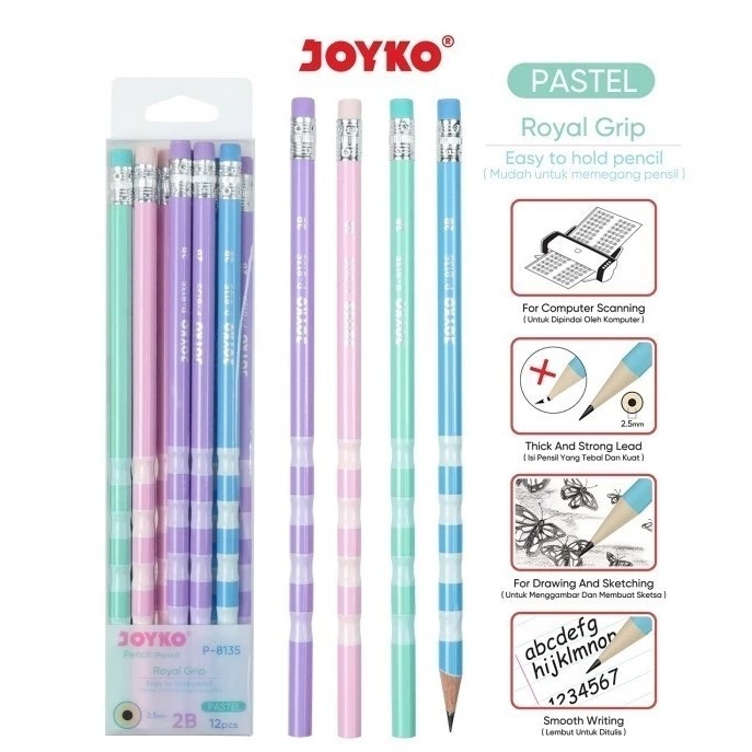 

Pensil 2B Joyko P-8135 Royal Grip / Pensil Pastel Joyko / Pensil Warna Warni pastel / Pensil Bagus