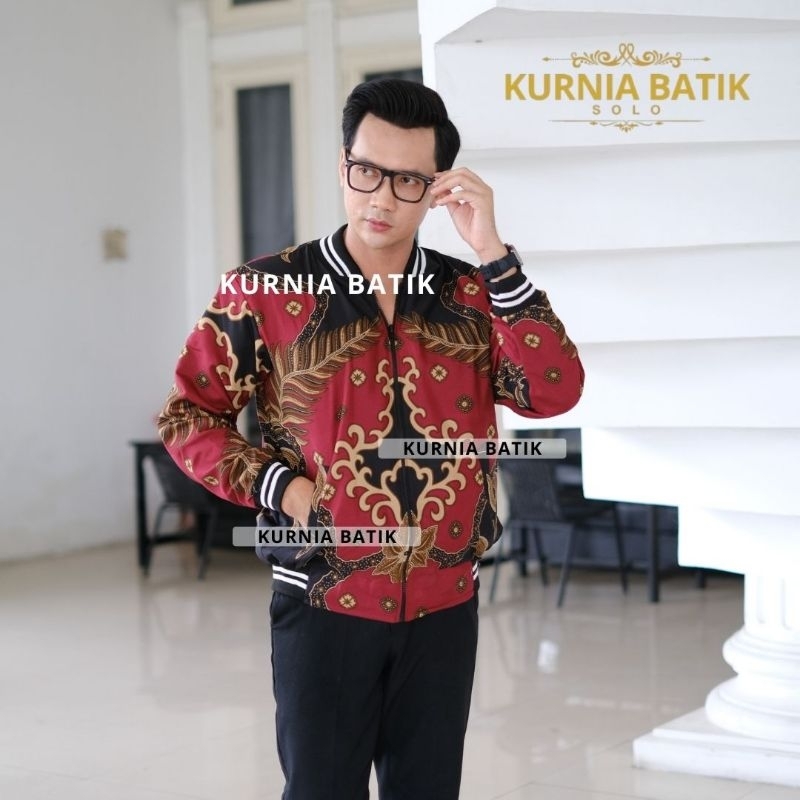 jaket batik bomber batik pria motif keris merah