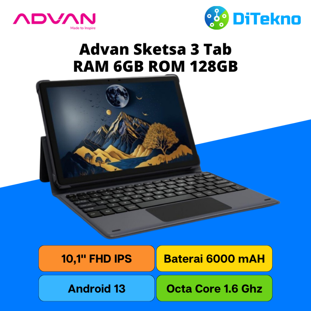 Advan Sketsa 3 Tablet Android 13 RAM 6GB ROM 128GB