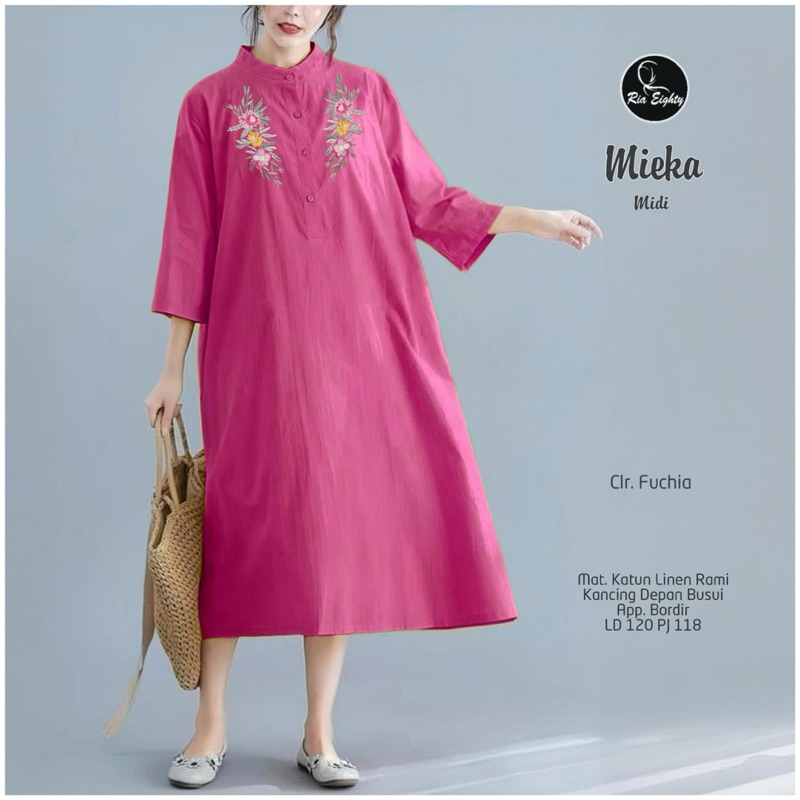 Mieka Midi Dress Wanita Motif Bordir Bunga Cantik Matt. Katun Linen Rami Premium