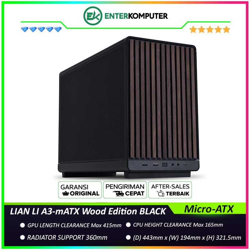LIAN LI A3-mATX Wood Edition BLACK - Steel Mesh Panels with Sophisticated Black Walnut Trim - Stylis