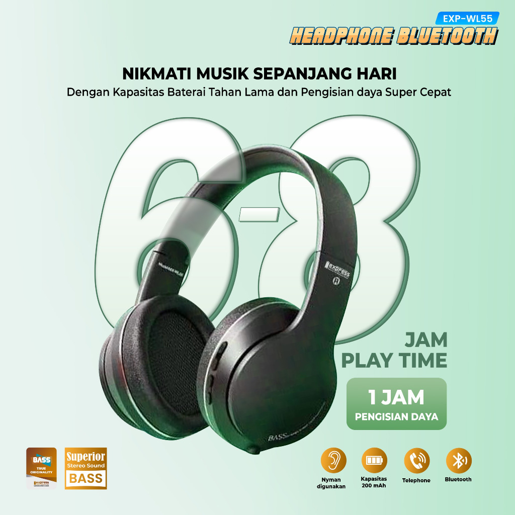 HEADPHONE BLUETOOTH WIRELESS EXP-WL55 / EARPHONE BANDO BLUETOOTH SUPERBASS FREE KABEL CHARGER + KABE