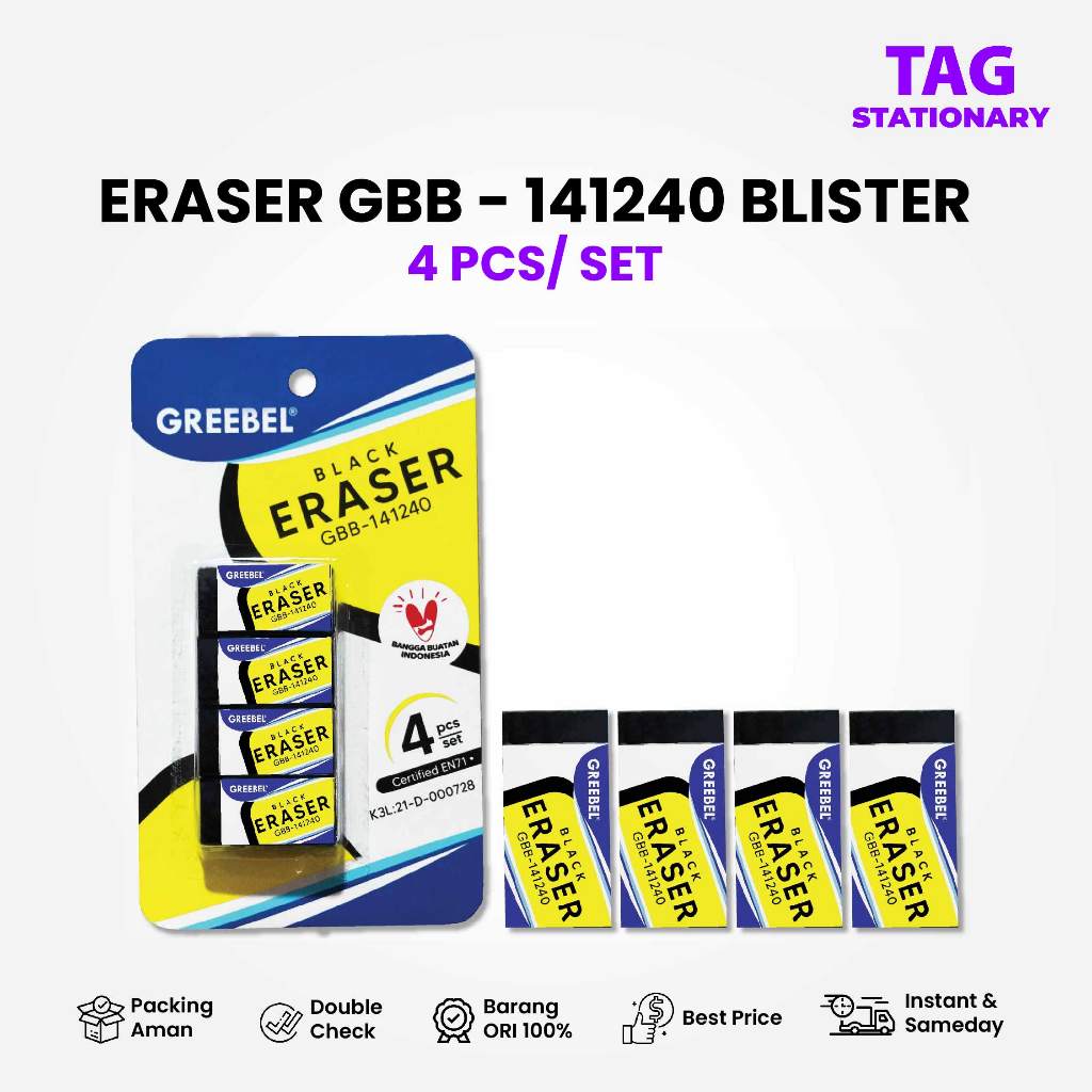 

GREEBEL Penghapus Hitam / ERASER GBB-141240 BLISTER (4 PCS/SET) / Stip Hapusan / Timur Agung Grosir