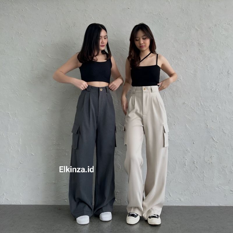 Elkinza - Celana Kargo Wanita - Celana Kulot Kargo - Celana Highwaist Kargo - Celana Kulot Wanita