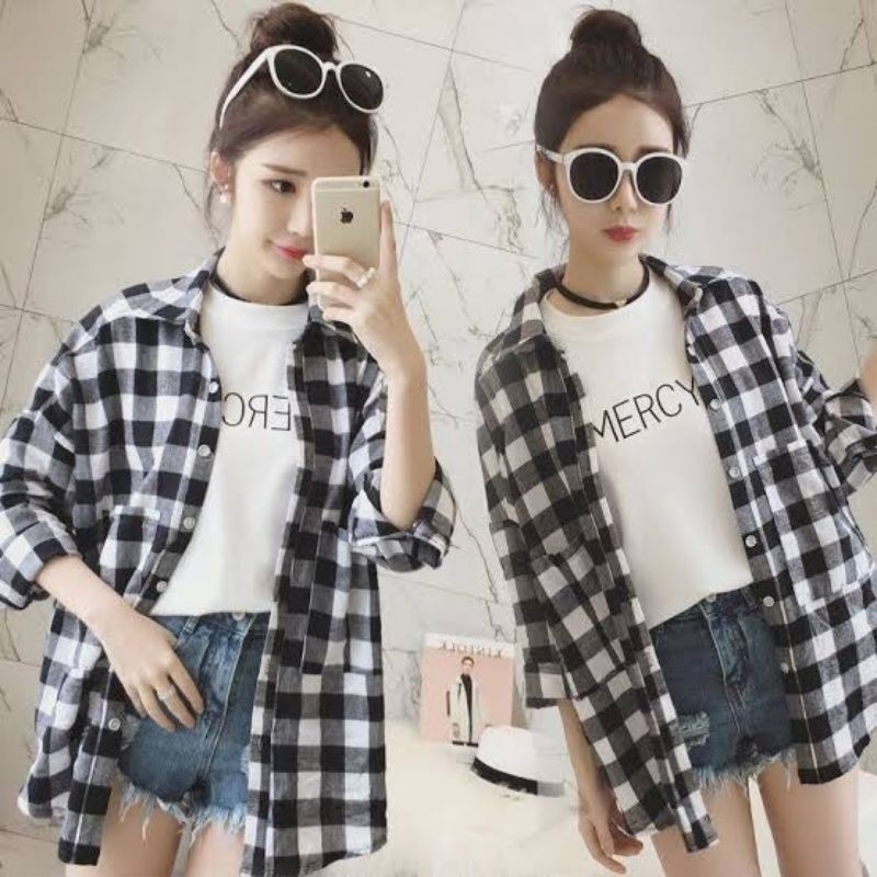MISTER FASHION KEMEJA WANITA CASUAL JUMBO LENGAN PANJANG IMPORT KOREA KATUN FLANEL POLOS KOTAK KOTAK
