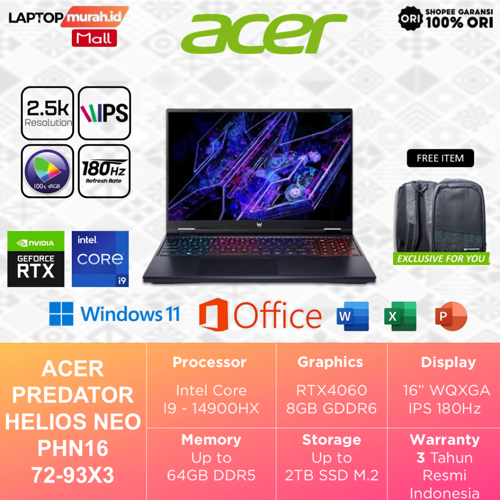 Laptop Acer Predator RTX4060 i9 14900HX 64GB 2TB 16" 2.5K 180Hz - Predator Helios Neo PHN16-72