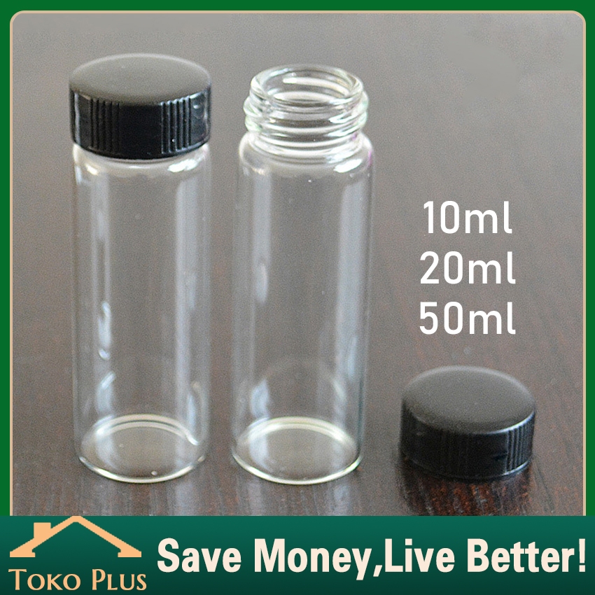 5Pcs Botol Kaca Kecil Clear 10/20/50ml Tutup Ulir Hitam Bening Dengan Tutup Refillable Parfum Vial T