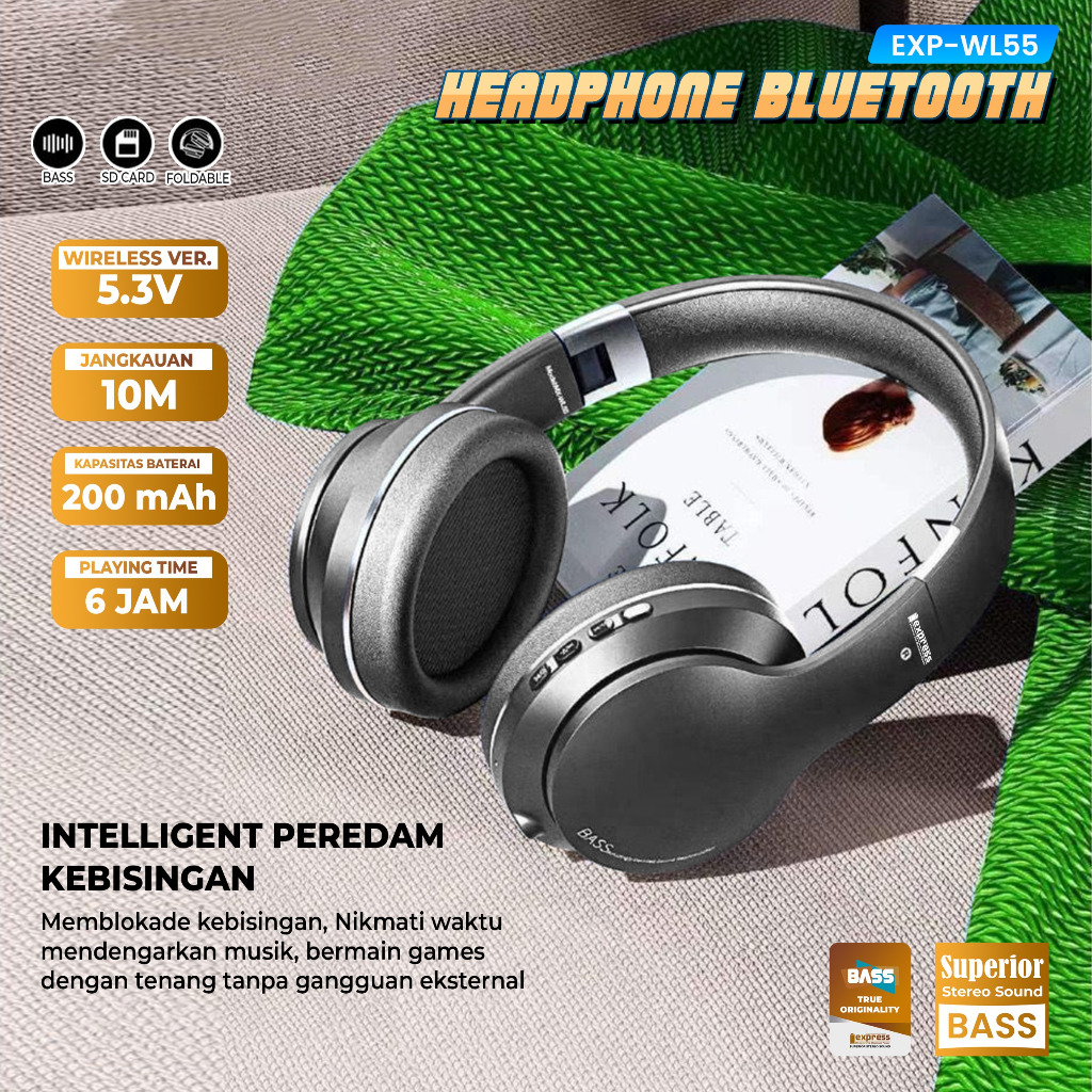 Earphone Bando Bluetooth Wireless Exp-WL55 / Headphone Bluetooth Superbass Free Kabel Charger + Kabe