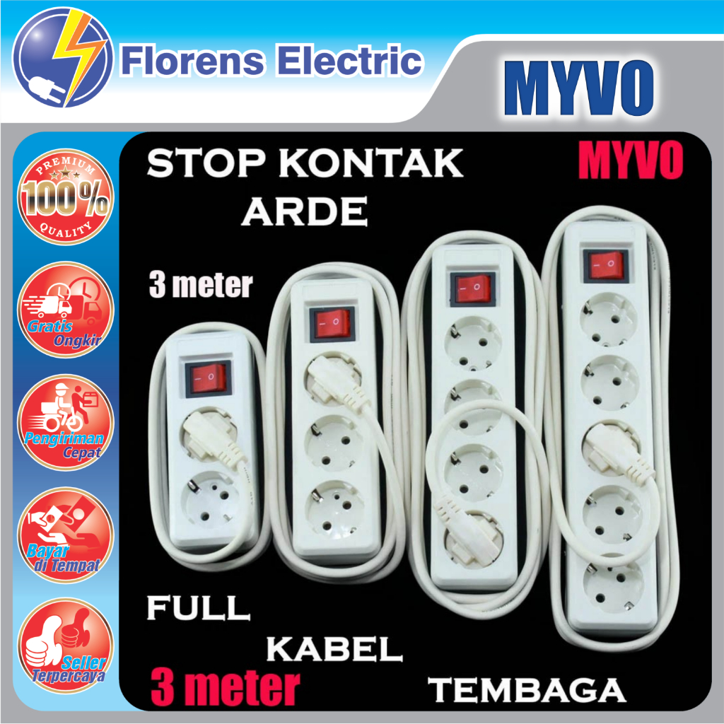 MYVO 3m Stop Kontak Kabel saklar 2 3 4 5 Lubang 3 Meter SNI switch on off