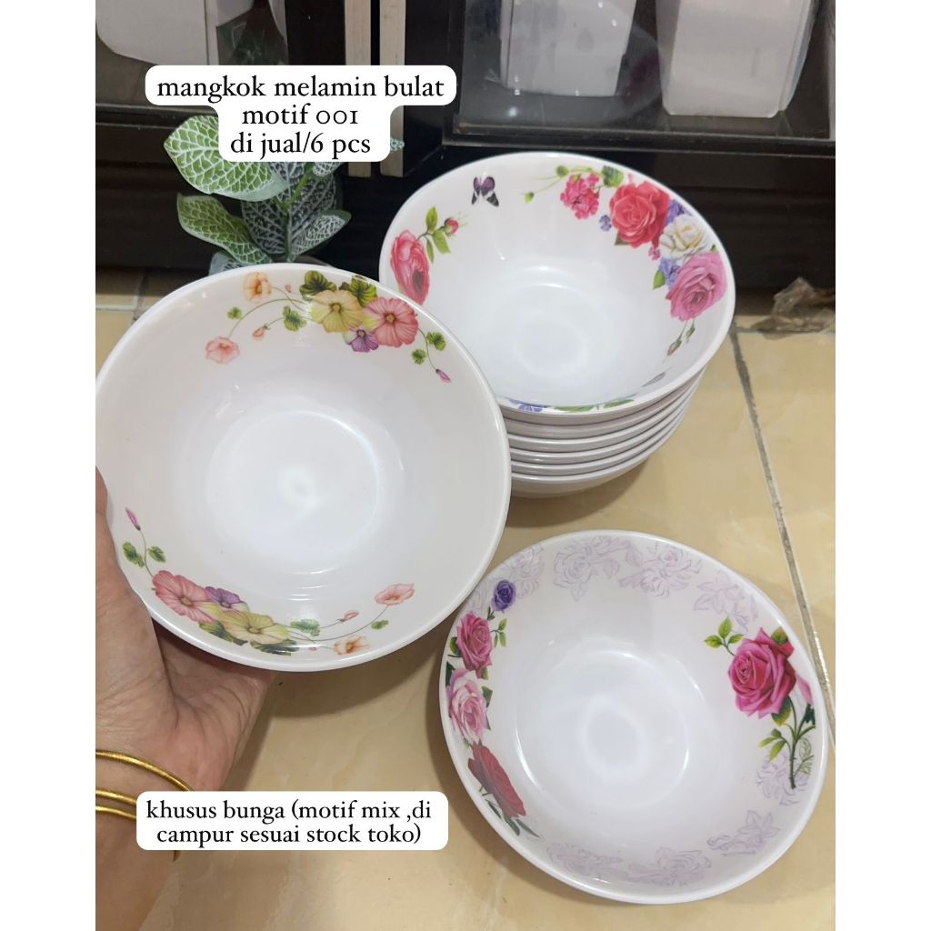 MANGKOK MELAMIN BULAT SETENGAH LUSIN / MANGKOK MELAMIN BULAT ISI 6 PCS / MANGKOK MELAMIN MOTIF BUNGA