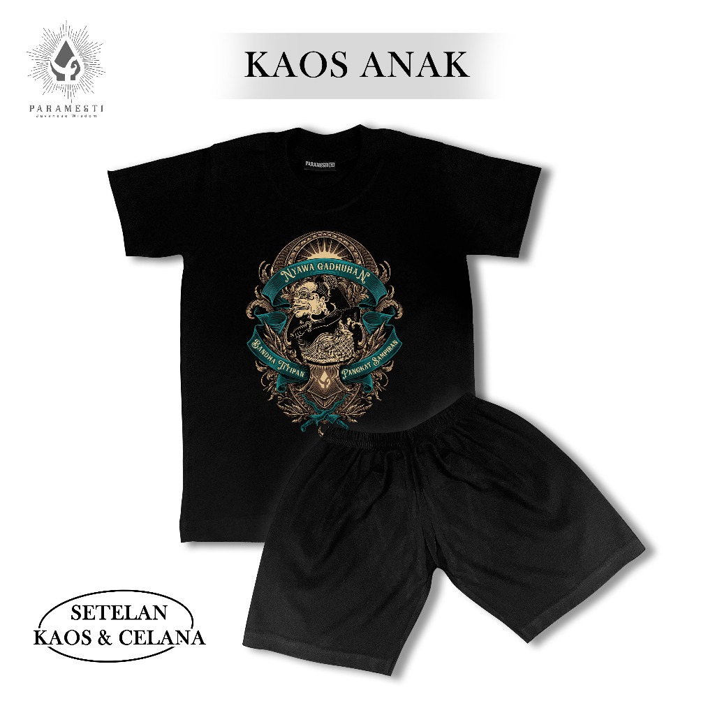 paramesti stelan kaos anak-anak unisex gambar wayang bagong untuk anak usia 2-10 tahun warna hitam