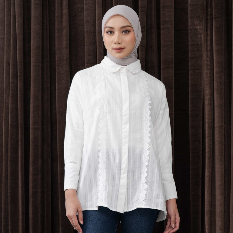 Mayoutfit Ginger Shirt | Kemeja Putih Wanita Katun Kombi Bordir Lace Renda Oversized Blus