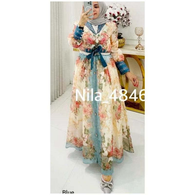 Nila _4846 Gamis Bunga Lengan Panjang
