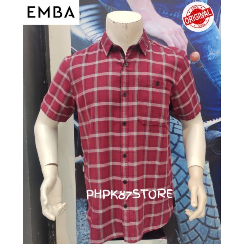 Kemeja pendek pria kotak-kotak merek Emba Denim,kemeja original premium