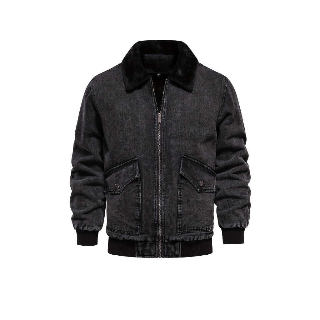 EIGHTEEN-jaket jeans bomber krah dilan hitam zipper casual distro keren