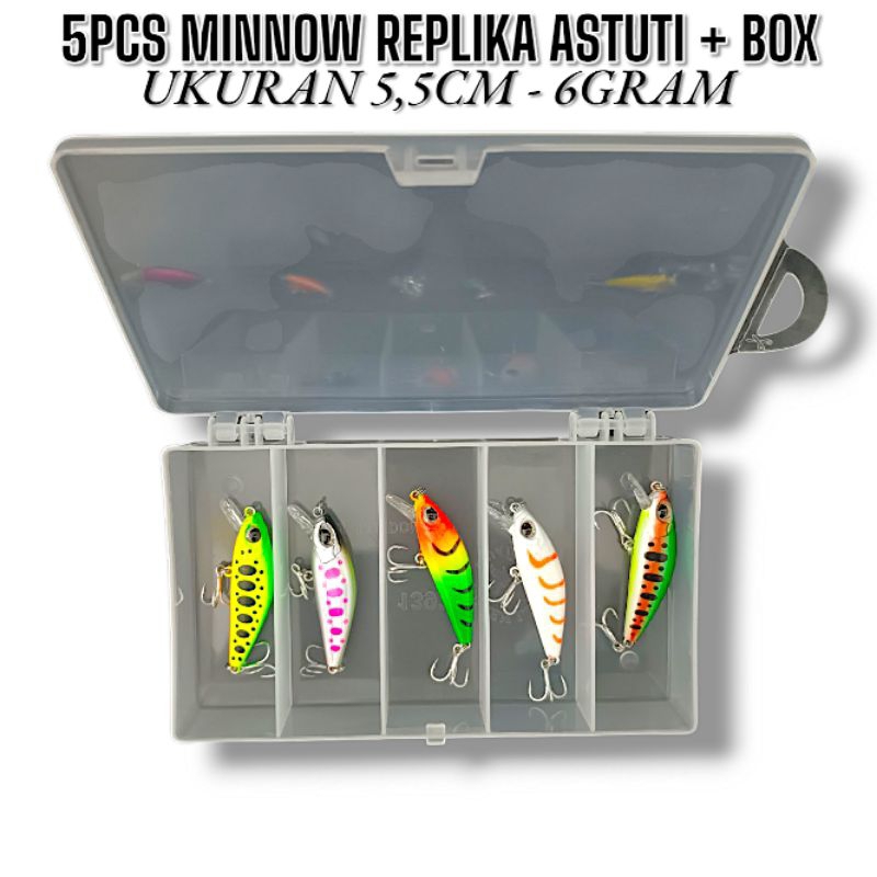 5PCS MINNOW REPLIKA ASTUTI + BOX. UMPAN CASTING