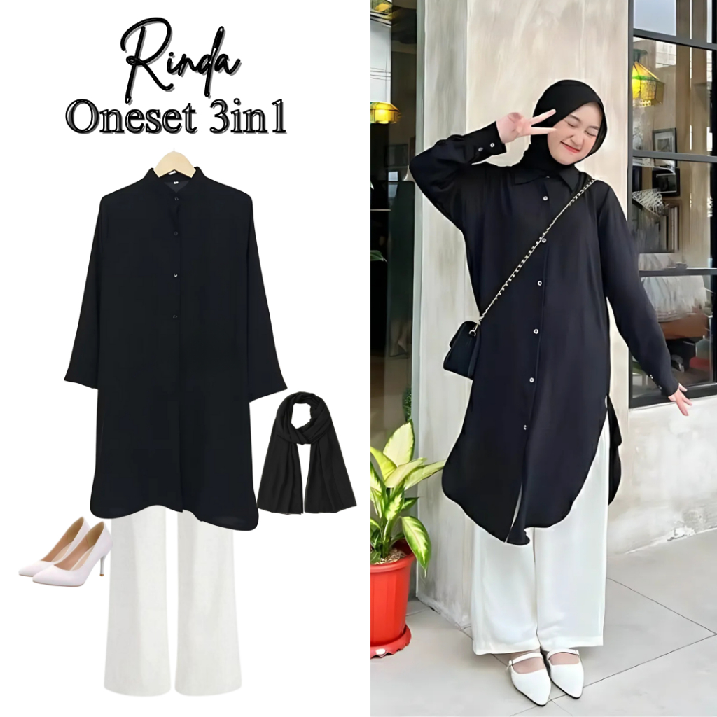 oneset 3in1 Kanaya tunik hitam polos celana putih kulot highwaist pashmina ceruty hitam | perempuan 
