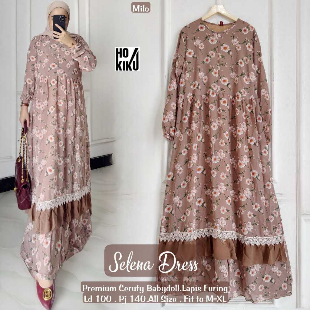 SELENA DRESS / GAMIS MOTIF BUNGA LD 100 PREMIUM CERUTY BABYDOLL LAPIS FURING / DRESS MODIS CANTIK