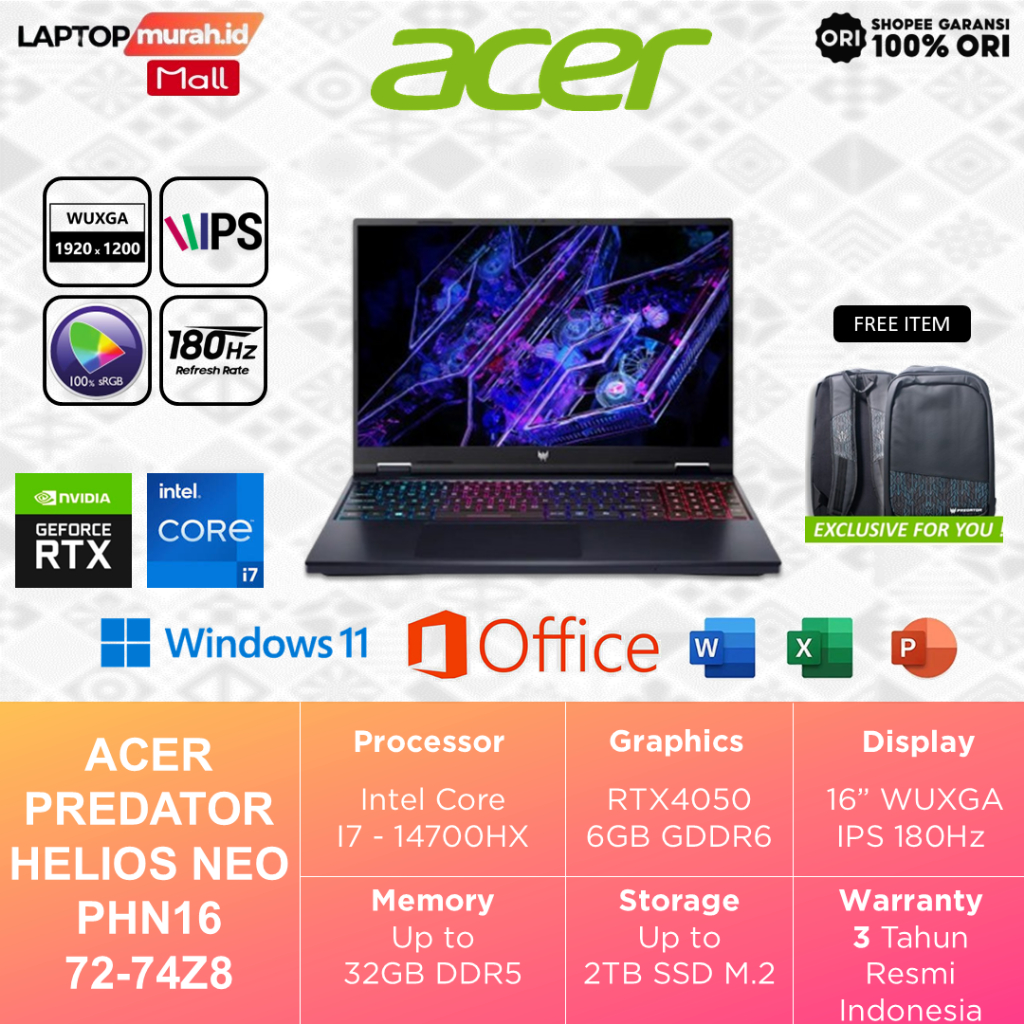 Laptop Acer Predator RTX4050 i7 14700HX 32GB 2TB 16" WUXGA 180Hz - Predator Helios Neo PHN16-72