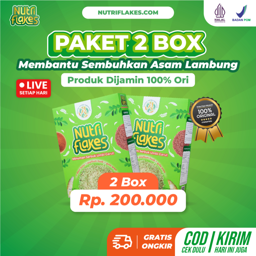 

Nutriflakes Asam Lambung GERD Maag dan Mual Sembuh PT Wijaya Food Indonesia Banyumas - 2 Box