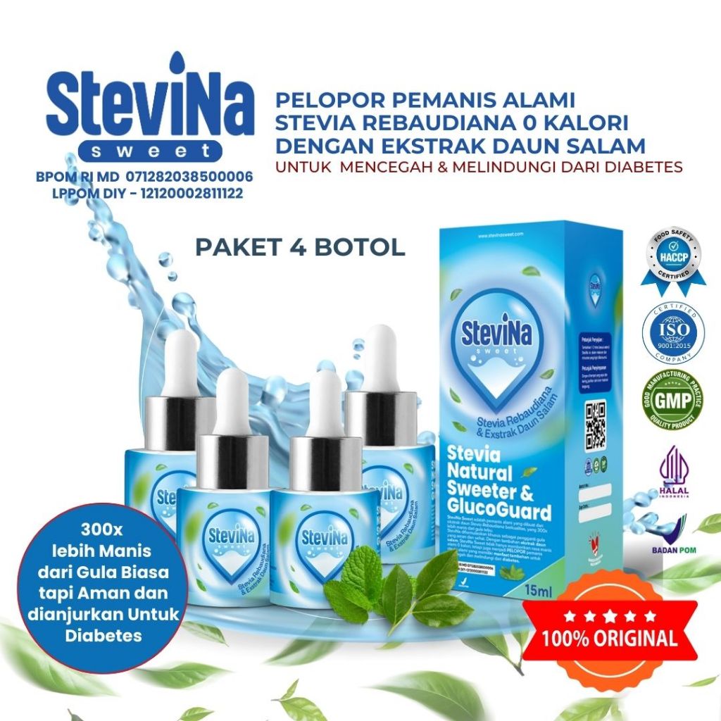 

(Kemasan box) Stevina Sweet Pemanis Alami 0 Kalori plus Herbal Daun salam Pengganti Gula membantu kadar gula tetap stabil Kemasan 4 botol