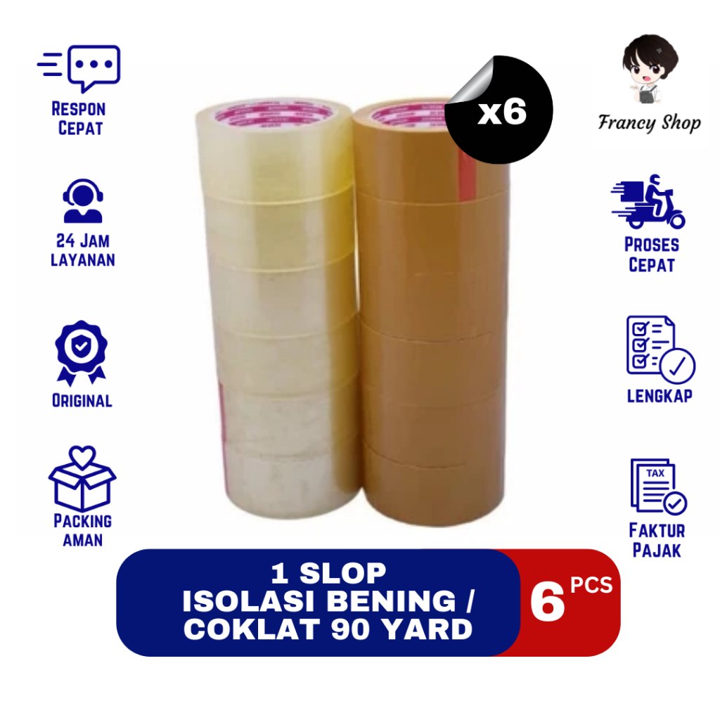 

Paket Murah Slop Isolasi Lakban Bening / Coklat 45 mm 90 Yard x6 Pcs
