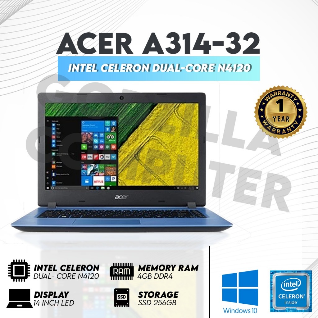 Laptop Acer A314-32 Intel Dual-Core N4120 | 4GB | SSD 256GB | Win10