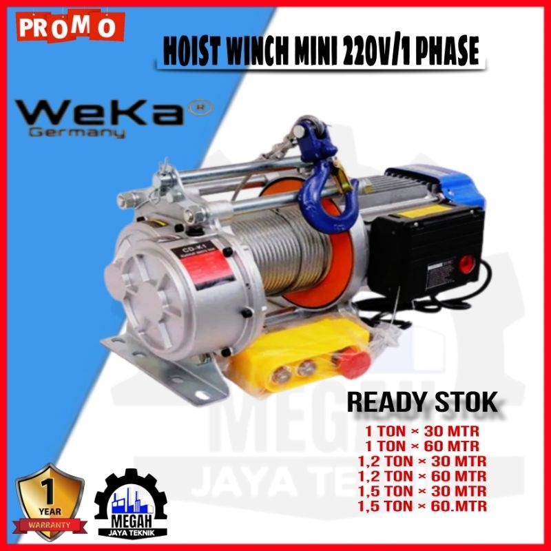 Derek Listrik Hoist Winch 1200 Kg 30 Meter 60 Meter 220V 1 Phase + Katrol 1 Ton
