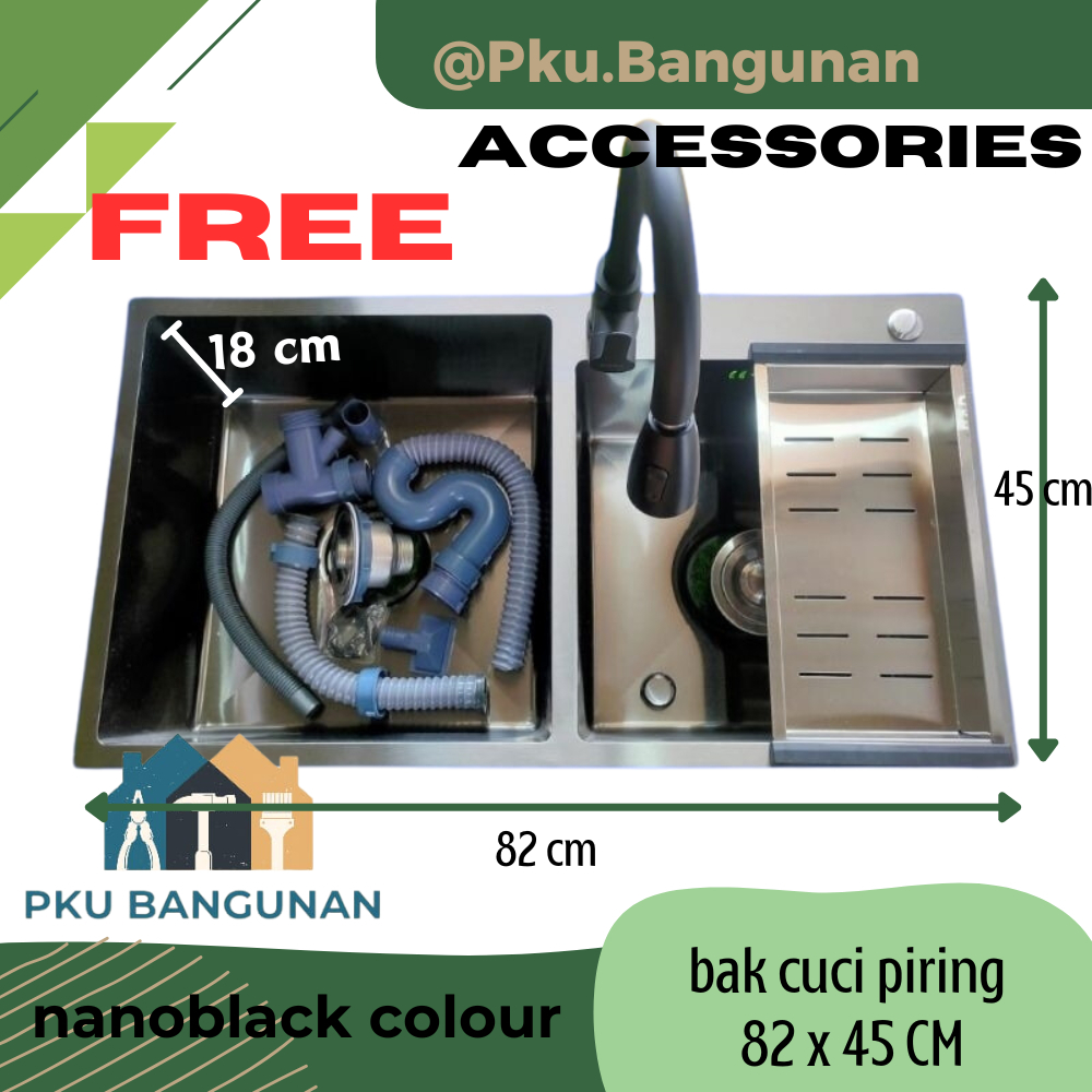 Kitchen Sink Wastafel Bak cuci piring 2 lubang tanpa sayap 8245 stainless SUS304 nanoblack SKA 82x45