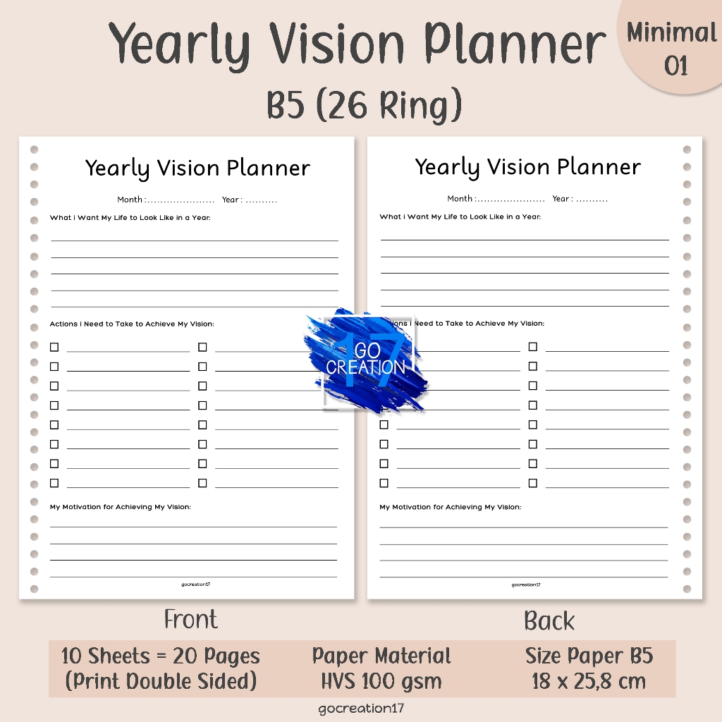 

Buku Planner Kertas Isi Binder Yearly Vision Plan Simple Minimalis B5