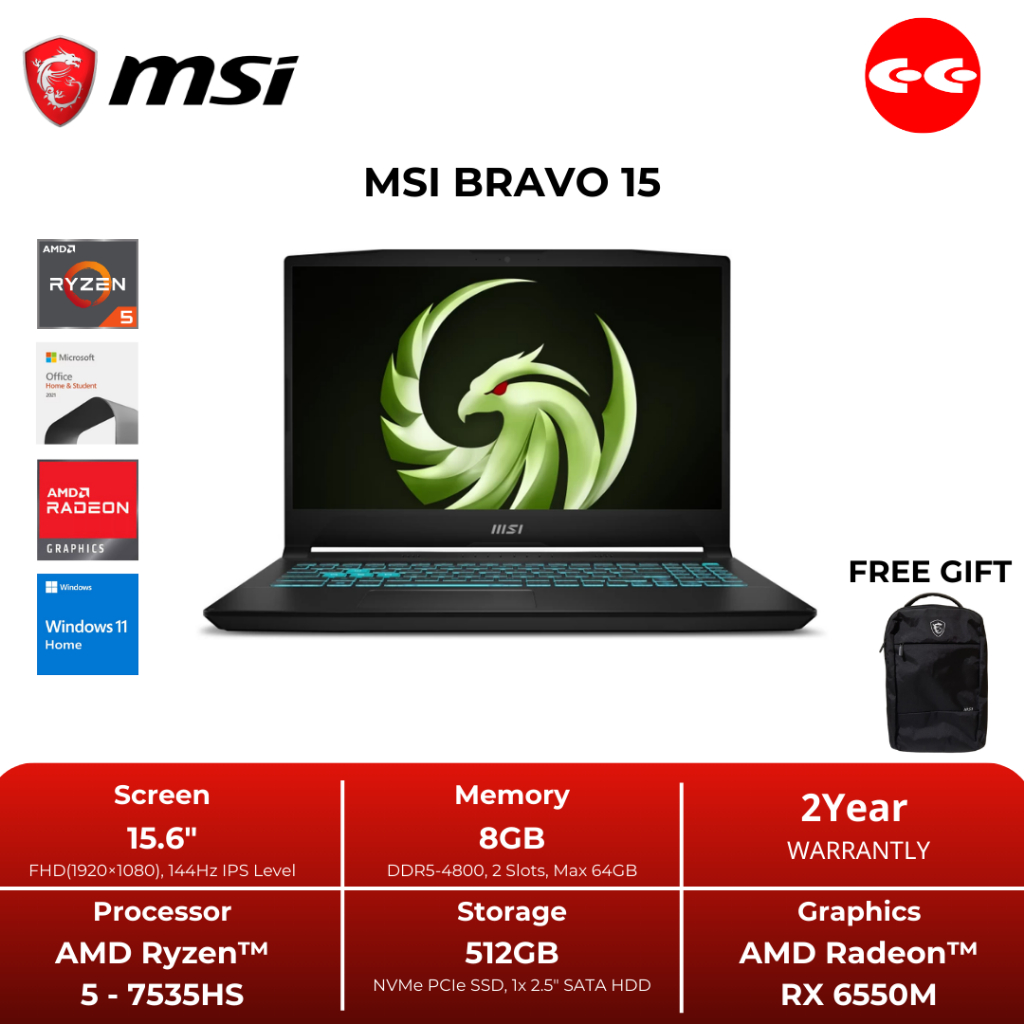 MSI BRAVO 15 RYZEN 5 7535HS RAM 8GB SSD 512GB WIN 11 OHS