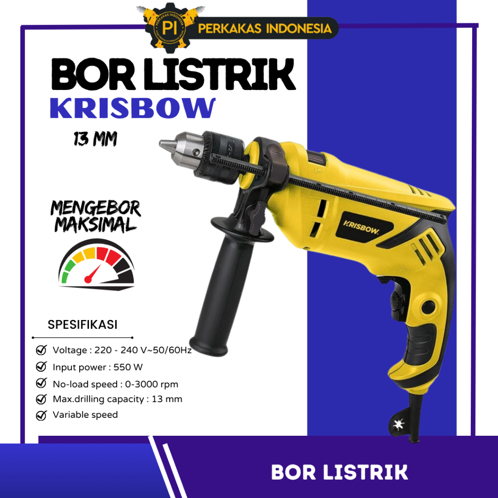 Mesin Bor Tangan Listrik KRISBOW IRDZ13 13mm Electric Drill 13 mm Bor Tembok Beton Besi Kayu Metal P