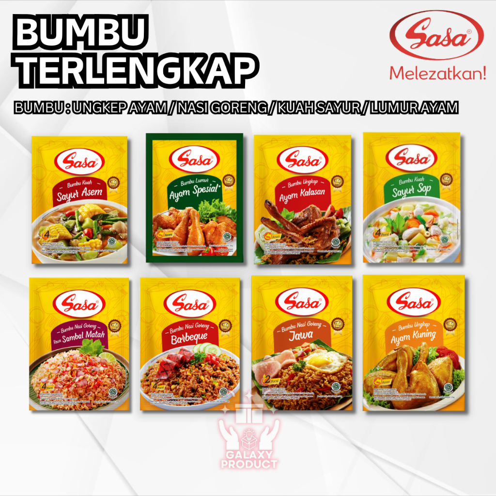 

SASA BUMBU UNGKEP / BUMBU NASI GORENG / BUMBU KUAH SAYUR / BUMBU LUMUR AYAM 20gr x 10pcs