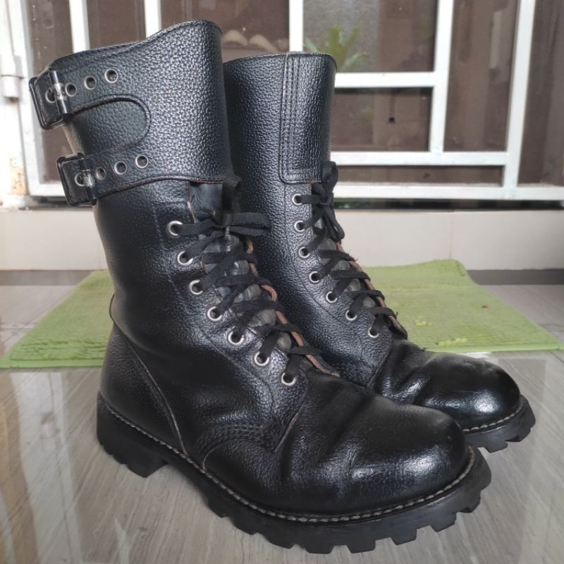 GEMA France Vintage Combat Military Army Boots Biker Motor Full Black Leather Waterproof Oil Resista