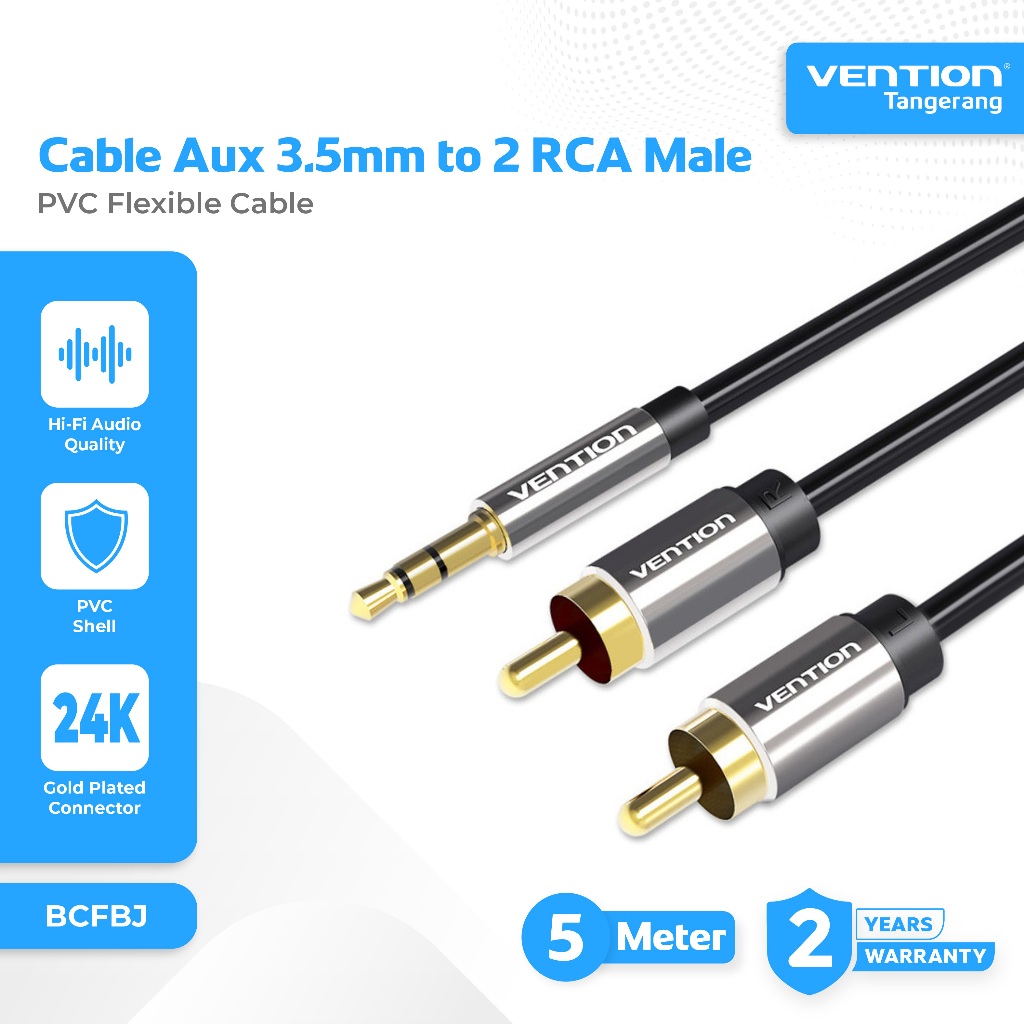 Vention Kabel AUX Audio 3.5mm male To 2 RCA Male High Quality Sound Kabel AUX Handphone to Speaker H