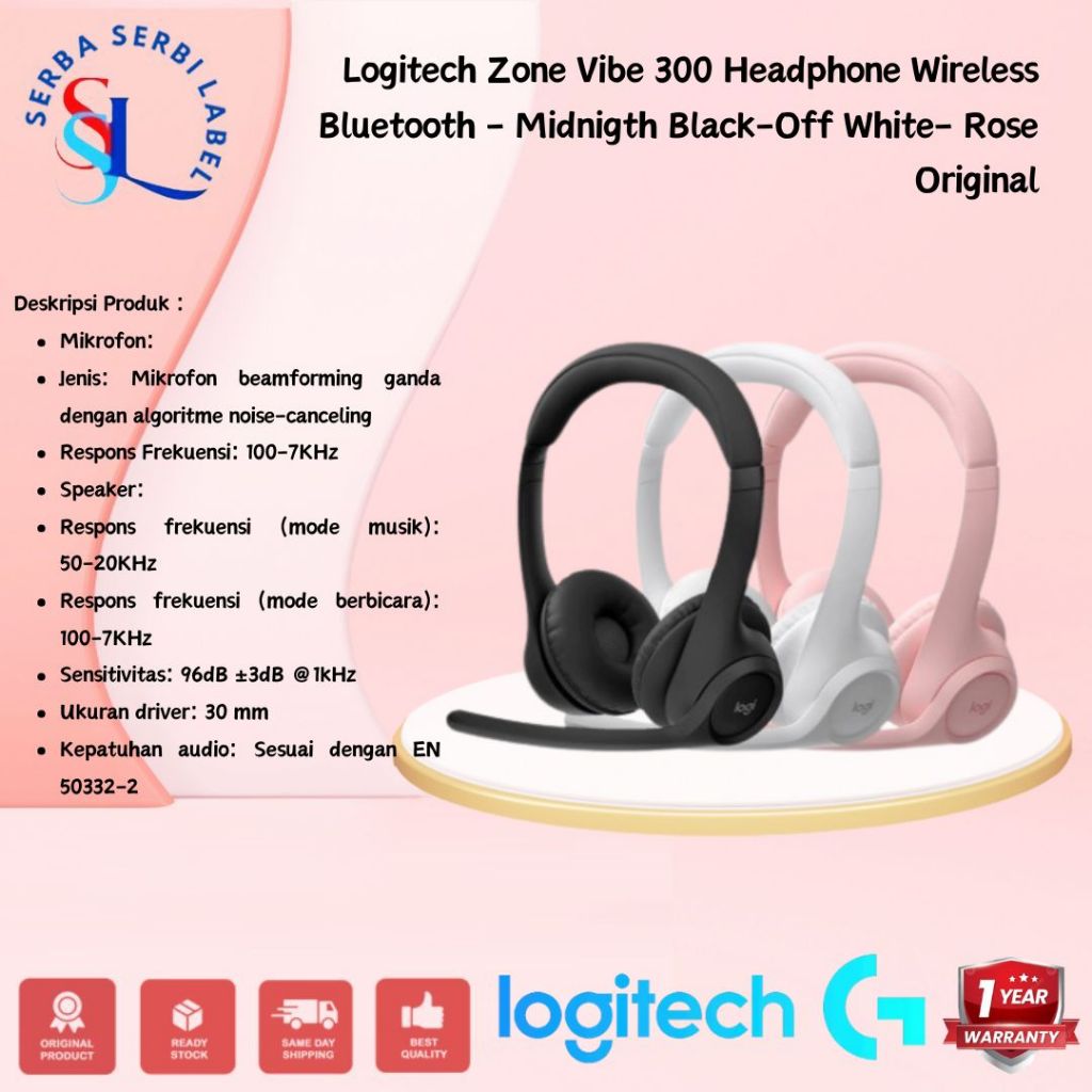Logitech Zone 300 - Headset Bluetooth Wireless On-Ear Hitam, Rose, Off White