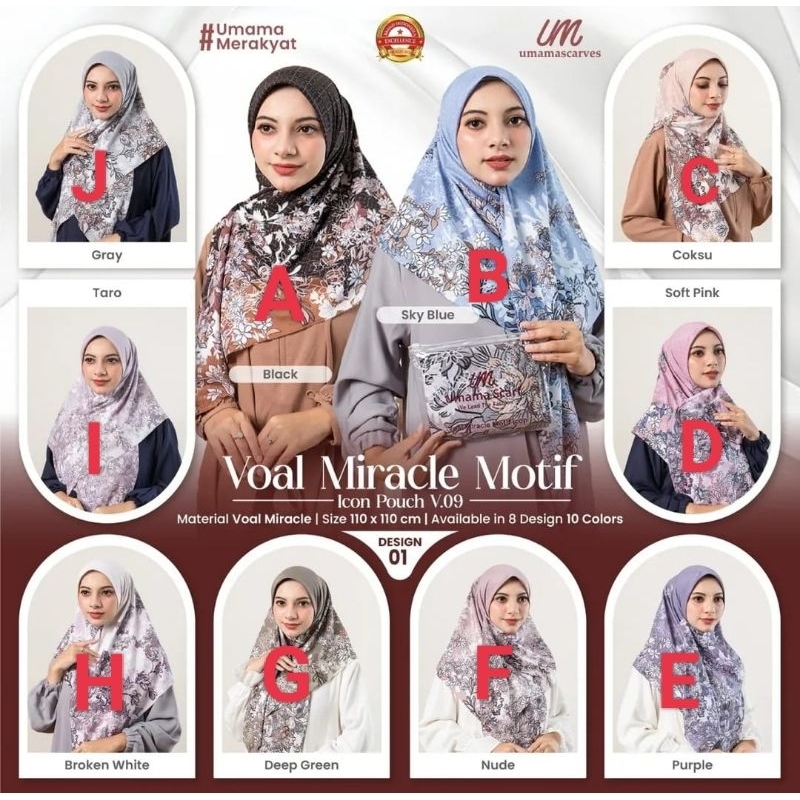 Umama pouch motif paket isi 20 Random Jilbab Segi Empat Voal Miracle Logo UM Swarovski