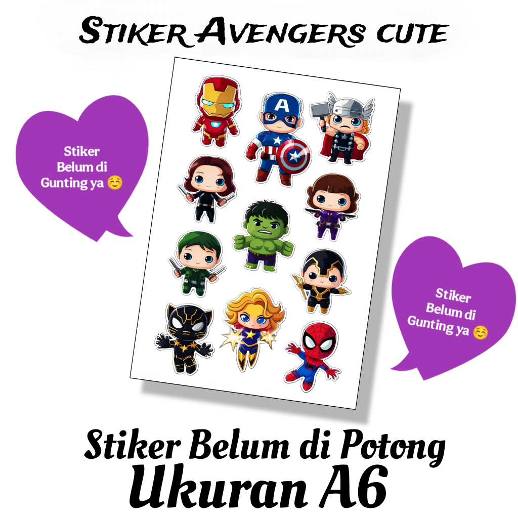 

Stiker Avengers Cute Belum di Gunting Ya Bahan Vinyl Ukuran A6 / Stiker Avengers / Stiker Karakter Avengers