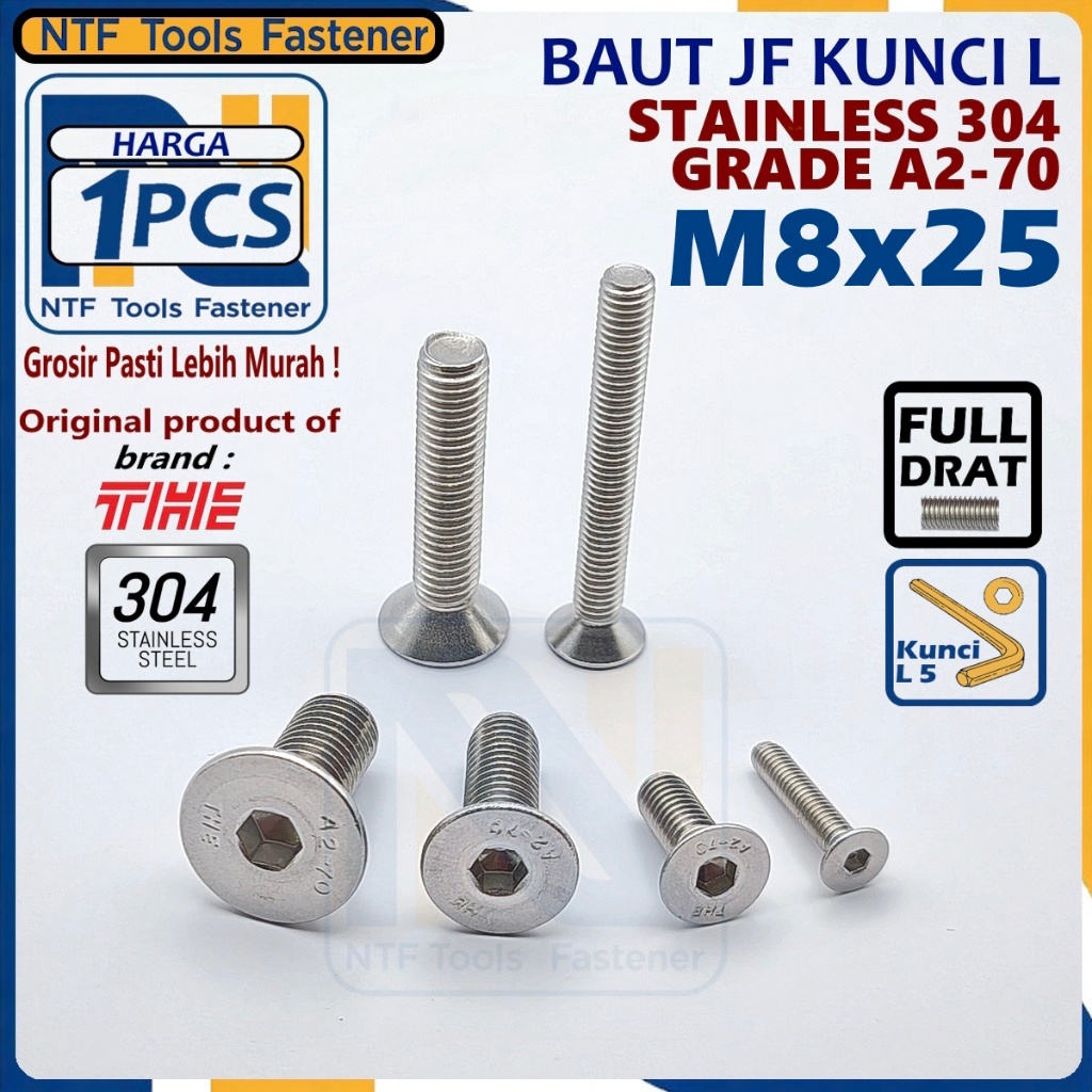 Baut JF Kunci L M8x25 STAINLESS STEEL 304 Verseng Countersunk Tahan Karat M8