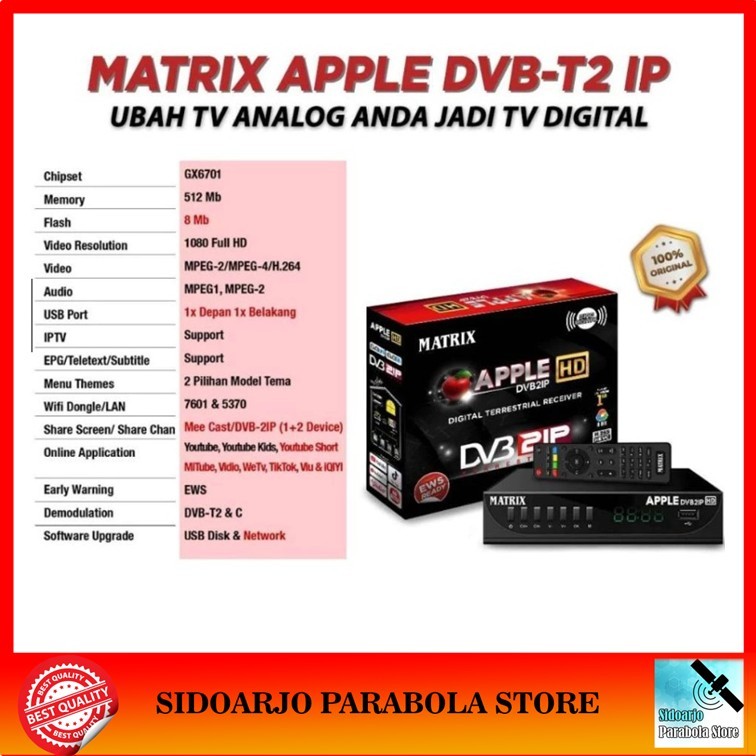 Set Top Box TV Digital Matrix Apple Hitam HD Black DVB2IP STB DVB-T2 DVBT2 Antena Siaran Channel Gra