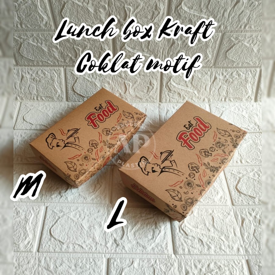 Lunch Box Kraft Motif merah Hitam EAT FOOD / Paper Lunch coklat  kotak makan PER 10 pcs