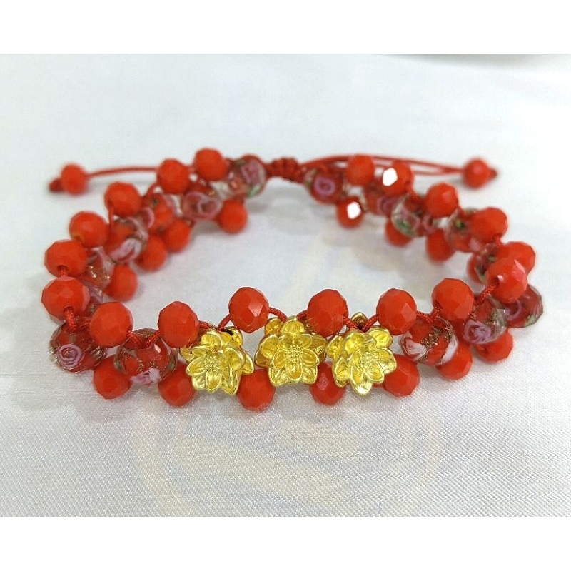 Gelang Emas Asli 3 Teratai 24K Hongkong 999% Tali Batu Mustika