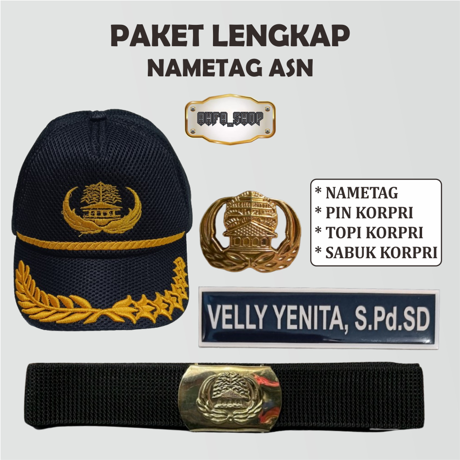

Paket Name Tag papan nama dada PNS Lencana Korpri lengkap (Nametag, Pin korpri, Sabuk Korpri, Topi Korpri)
