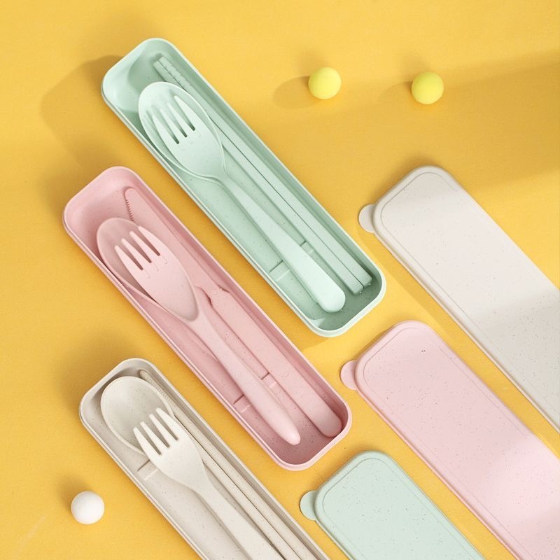 Korean Style Cutlery 3in1/Jerami Gandum Sendok Garpu Sumpit/Os Set Sendok Garpu Jerami Stainless