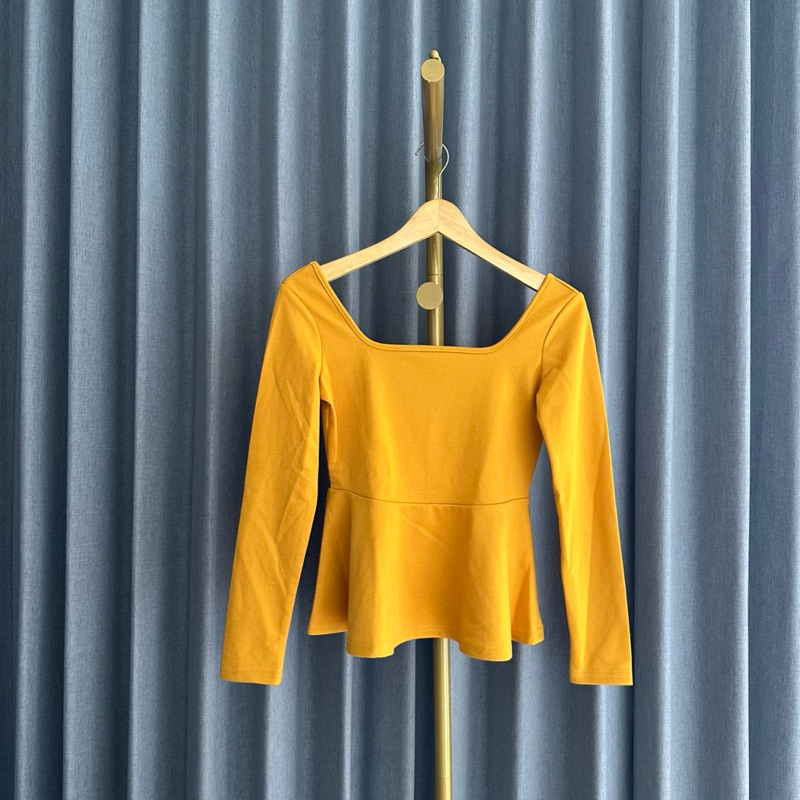 𝙉𝙀𝙒 Zalora Yellow Square Neck Peplum Top Blouse Casual Fashion Wanita