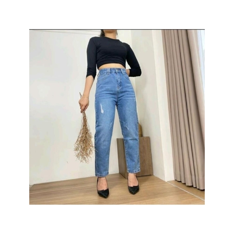 Celana Boyfriend Ripped Jeans Highwaist Wanita Celana Panjang Longgar Jeans HW Losse Jeans Sobek