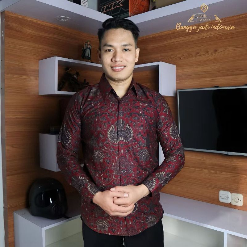 ￼Kemeja Batik Motif Wahyu Temurun Merah Maroon Slimfit Premium Baju Formal Non Formal Pakaian Keluar