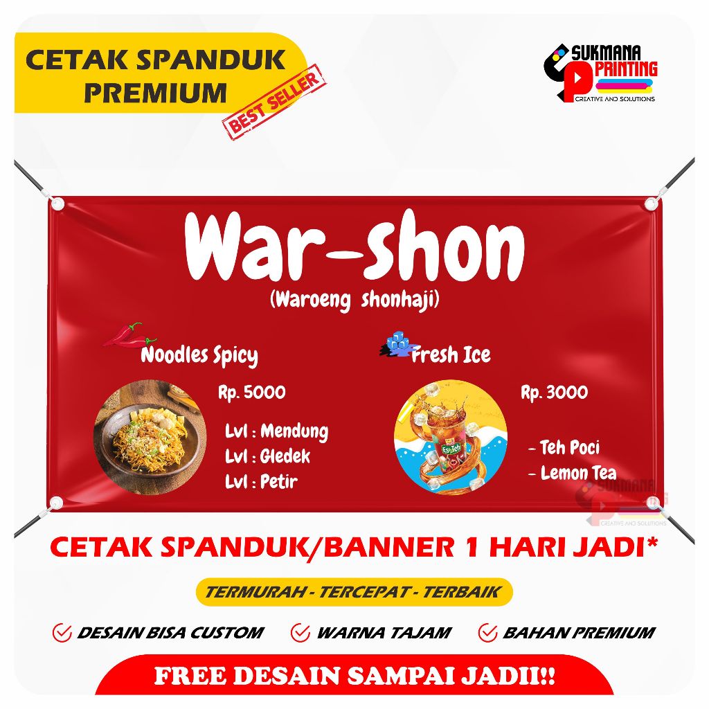 CETAK SPANDUK BANNER WARUNG ANEKA MAKANAN - CETAK SPANDUK CUSTOM - CETAK BANNER SPANDUK FREE DESAIN 