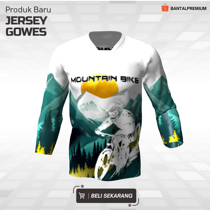 Kaos Jersey Gowes Sepeda Downhill Putih Hijau Motif Pegunungan 114 - Jersey Gowes Custom Lengan Panj
