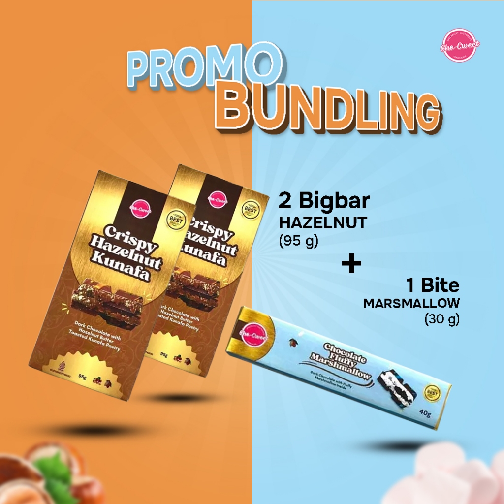 

CHO-CWEET COKELAT DUBAI VIRAL PROMO BUNDLING 2 BIG Hazelnut 95g & GRATIS 1 BITE FLUFFY MARSHMALLOW (BITE) (30 GR)